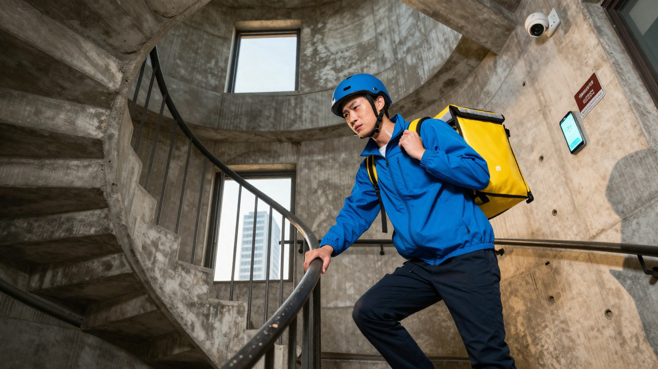 Entregador com mochila amarela e capacete azul a subir escadas em edifício de cimento.