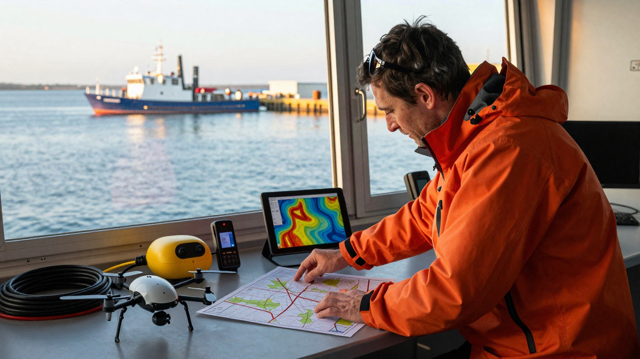 Homem em casaco laranja analisa mapa numa mesa junto a equipamento tecnológico e janela com vista para um navio no mar.