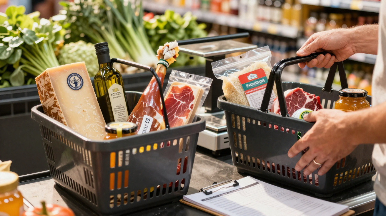 Cesto de compras com queijo, presunto, azeite, massas e outros alimentos numa loja gourmet.