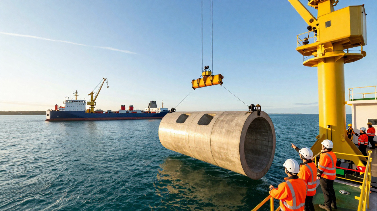 Operários com coletes e capacetes observam lançamento de cilindro de concreto ao mar por grua em barco, navio de carga ao fun