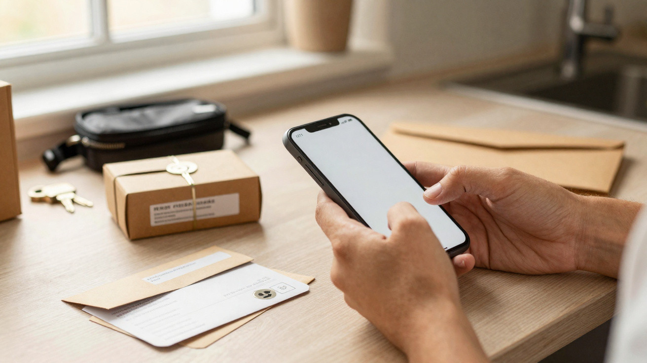 Pessoa a usar smartphone com mesa de madeira com cartas, caixa e chaves ao fundo.
