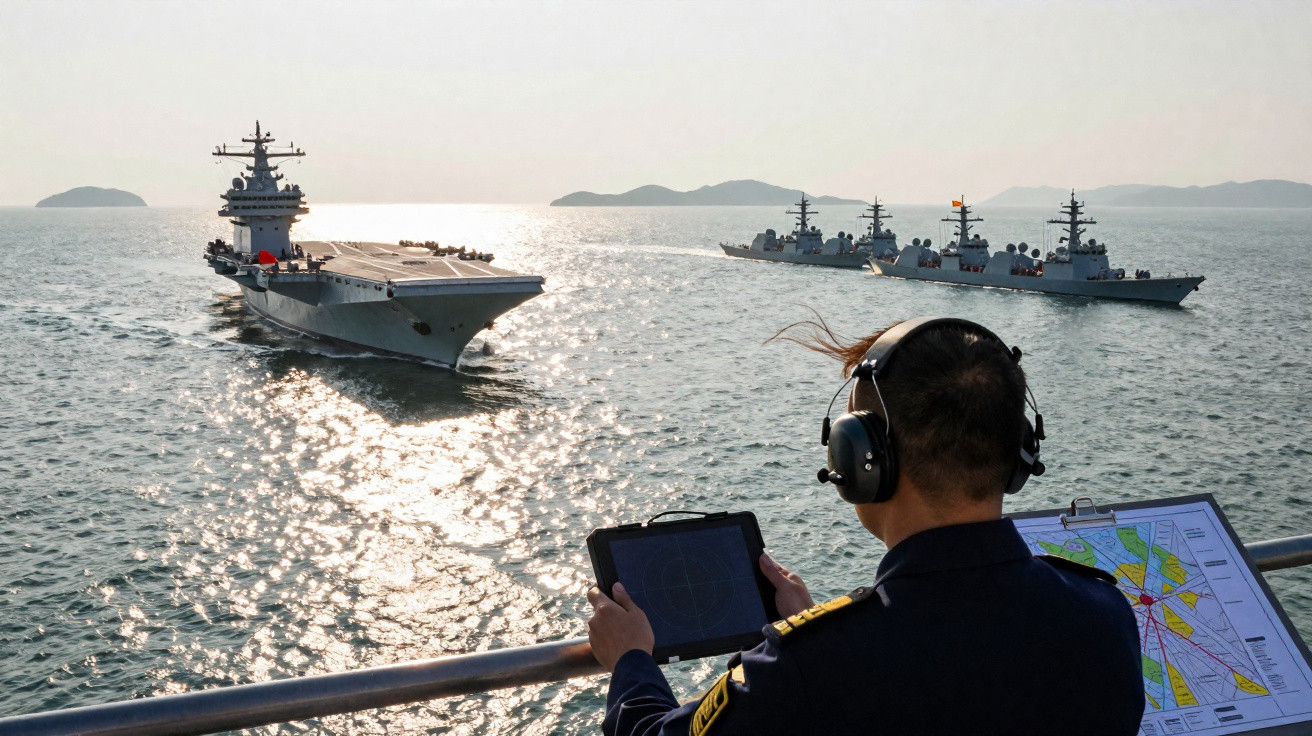 Militar com auscultadores usa tablet a bordo de navio, com porta-aviões e navios de guerra ao fundo no mar.