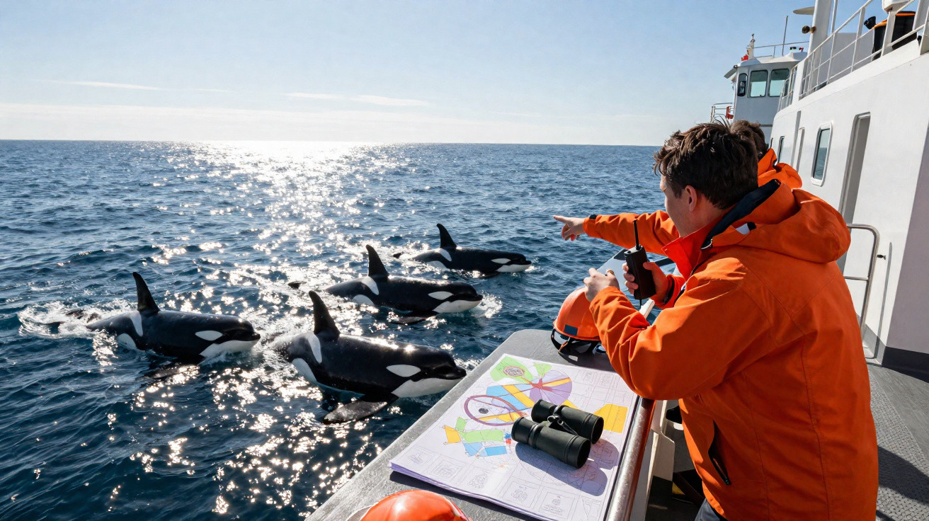Pessoa a bordo de barco observa e aponta para orcas a nadar no mar calmo ao pôr do sol.