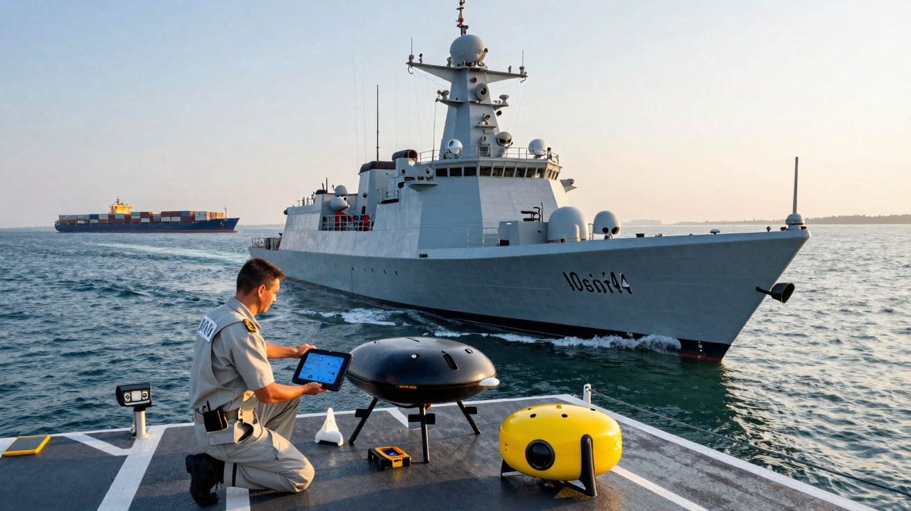 Marinheiro com equipamento tecnológico a bordo de navio militar próximo a outro navio de guerra no mar.