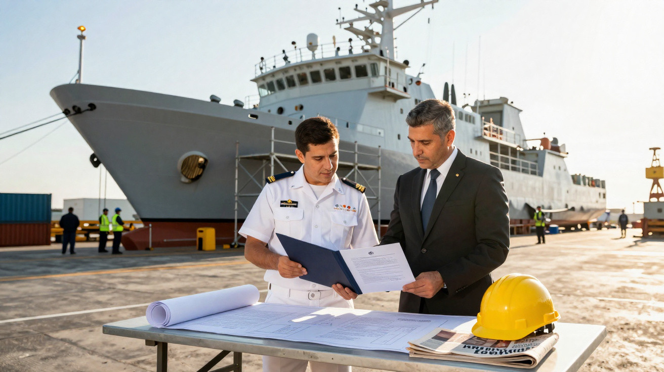 Dois homens, um militar e outro de fato, analisam documentos num cais com um grande navio ao fundo.
