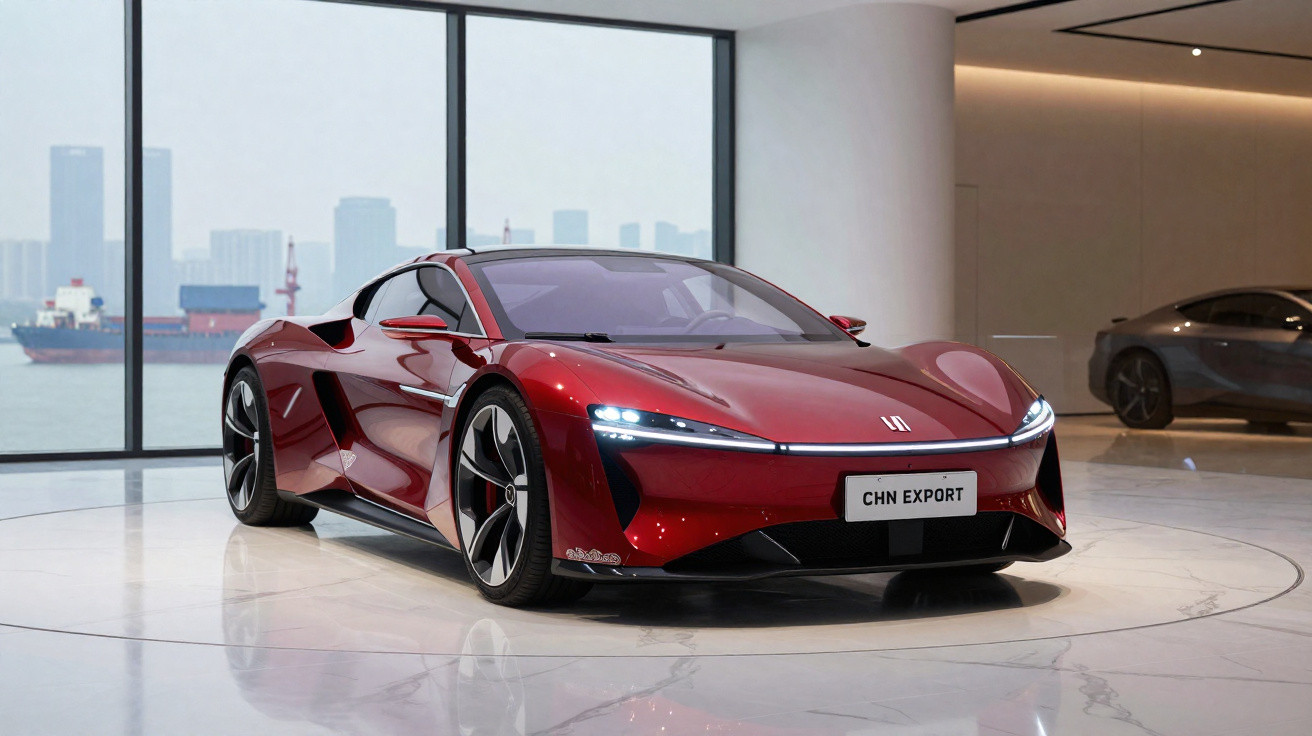 Carro desportivo elétrico vermelho brilhante em exposição numa sala moderna com vista para a cidade e o mar.