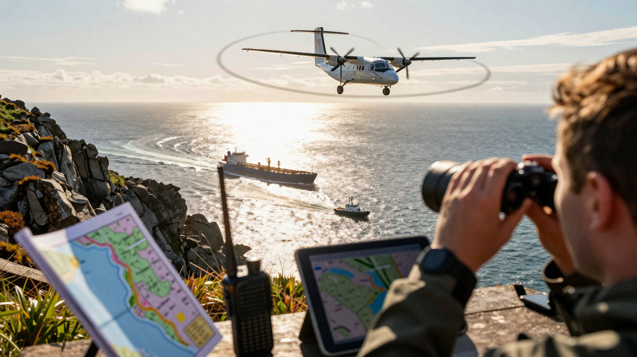 Homem com binóculos observa avião de pequeno porte voando sobre o mar perto de navios, com mapas e rádio à vista.