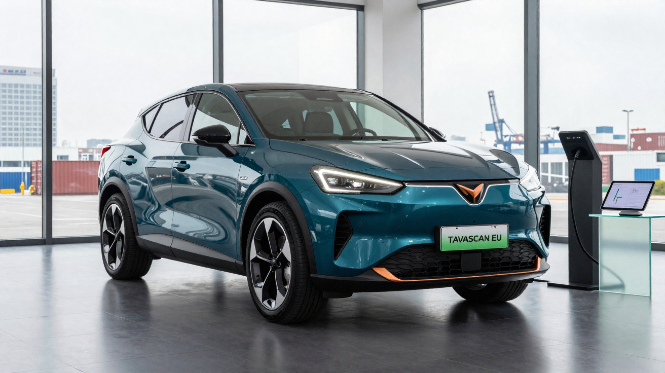 Carro elétrico azul Cupra Tavascan EU estacionado num showroom moderno com parede de vidro.