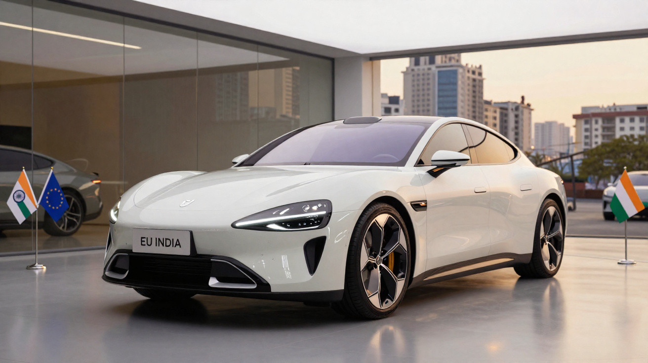 Carro elétrico branco estacionado em showroom com bandeiras da Índia e Europa ao fundo.