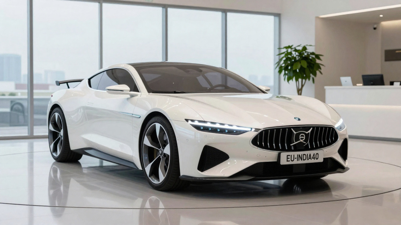 Carro desportivo branco com design moderno estacionado num espaço interior minimalista e luminoso.