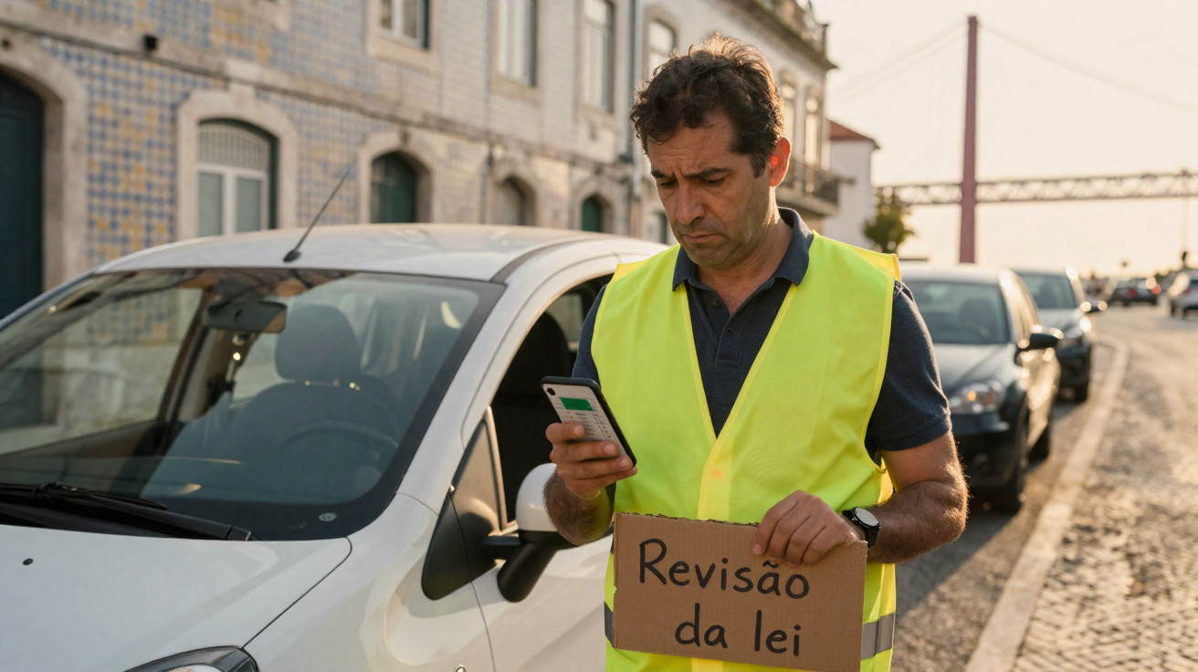 Homem com colete refletor amarelo segura placa "Revisão da lei" e consulta telemóvel junto a carros estacionados.