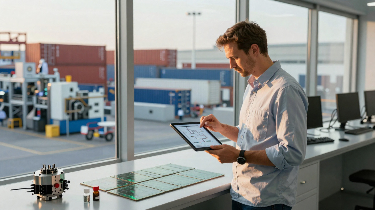 Homem a analisar planta numa tablet numa sala com vista para contentores num porto.