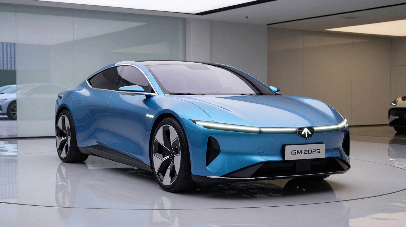 Carro elétrico desportivo azul com design moderno, apresentado numa sala de exposição minimalista.