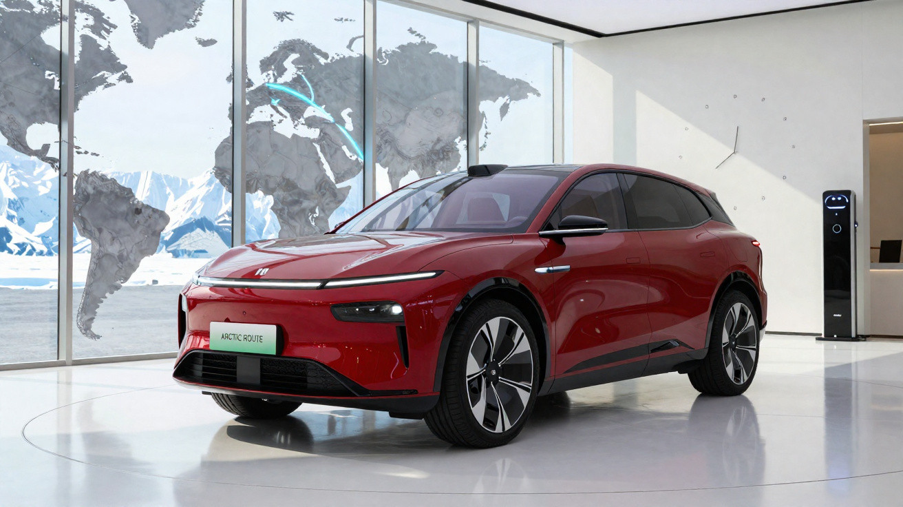 Carro elétrico vermelho moderno estacionado em showroom com mapa do mundo atrás.