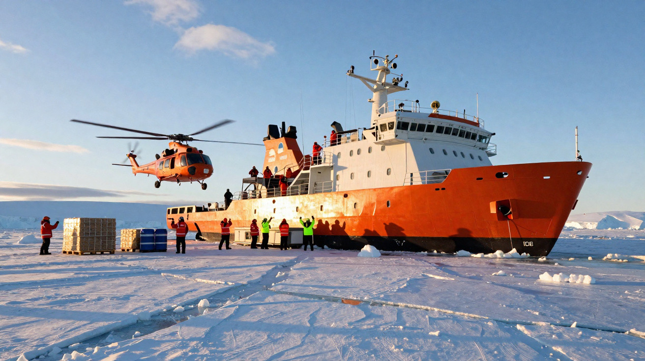 Navio de pesquisa laranja no mar gelado com helicóptero e equipa em coletes reflectores junto a gelo.