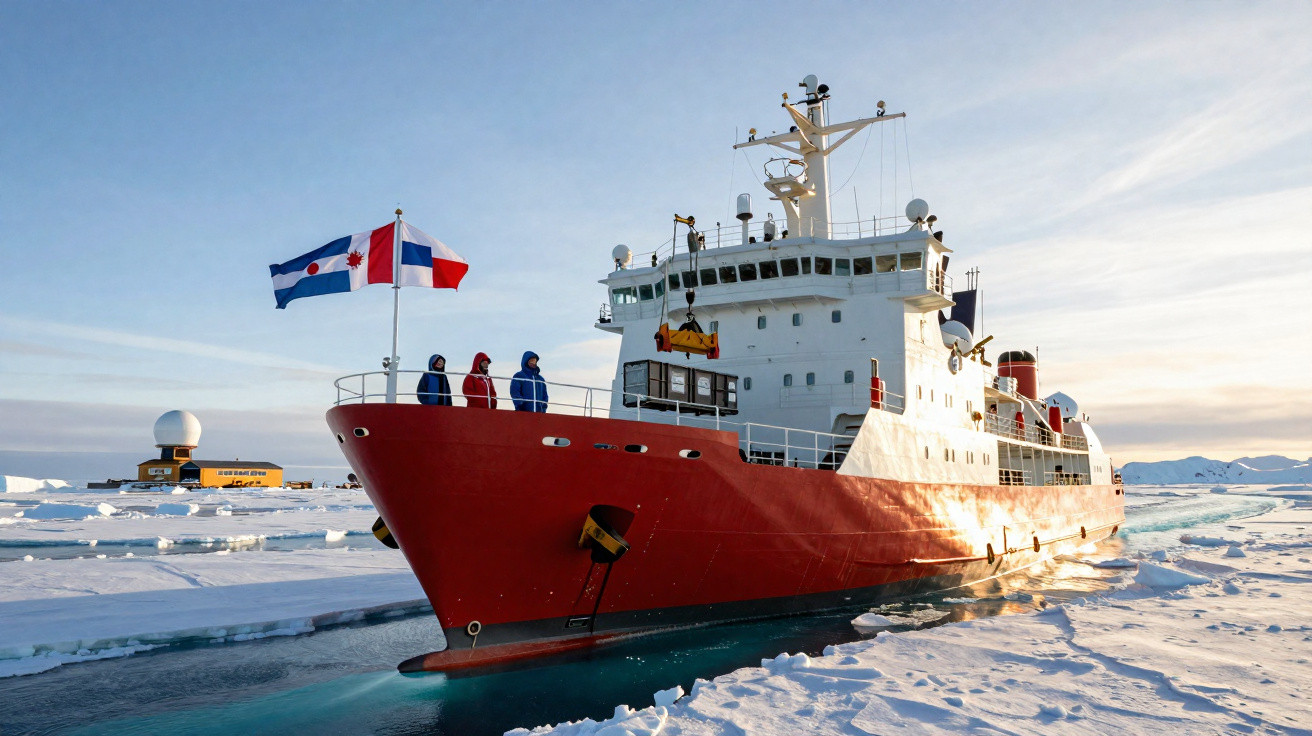 Navio de exploração polar vermelho navegando entre gelo no mar com bandeiras e pessoas a bordo.
