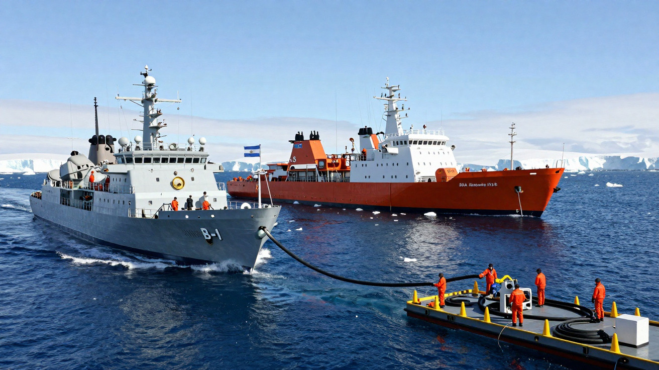 Dois navios militares a abastecer-se no mar gelado com gelo flutuante e icebergues ao fundo.