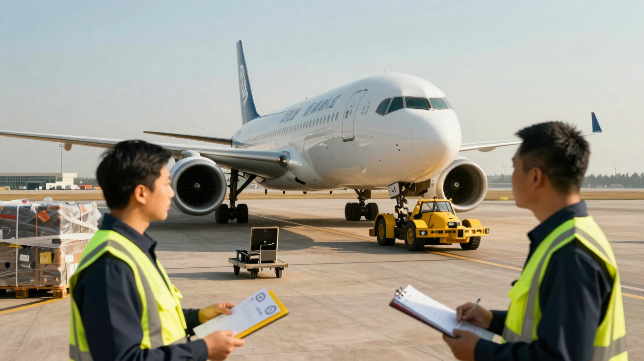 Dois trabalhadores de aeroporto com coletes refletivos observam um avião na pista durante operações de carga.