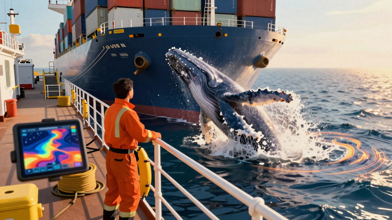 Homem de fato laranja observa baleia que salta ao lado de navio porta-contentores no mar ao pôr do sol.
