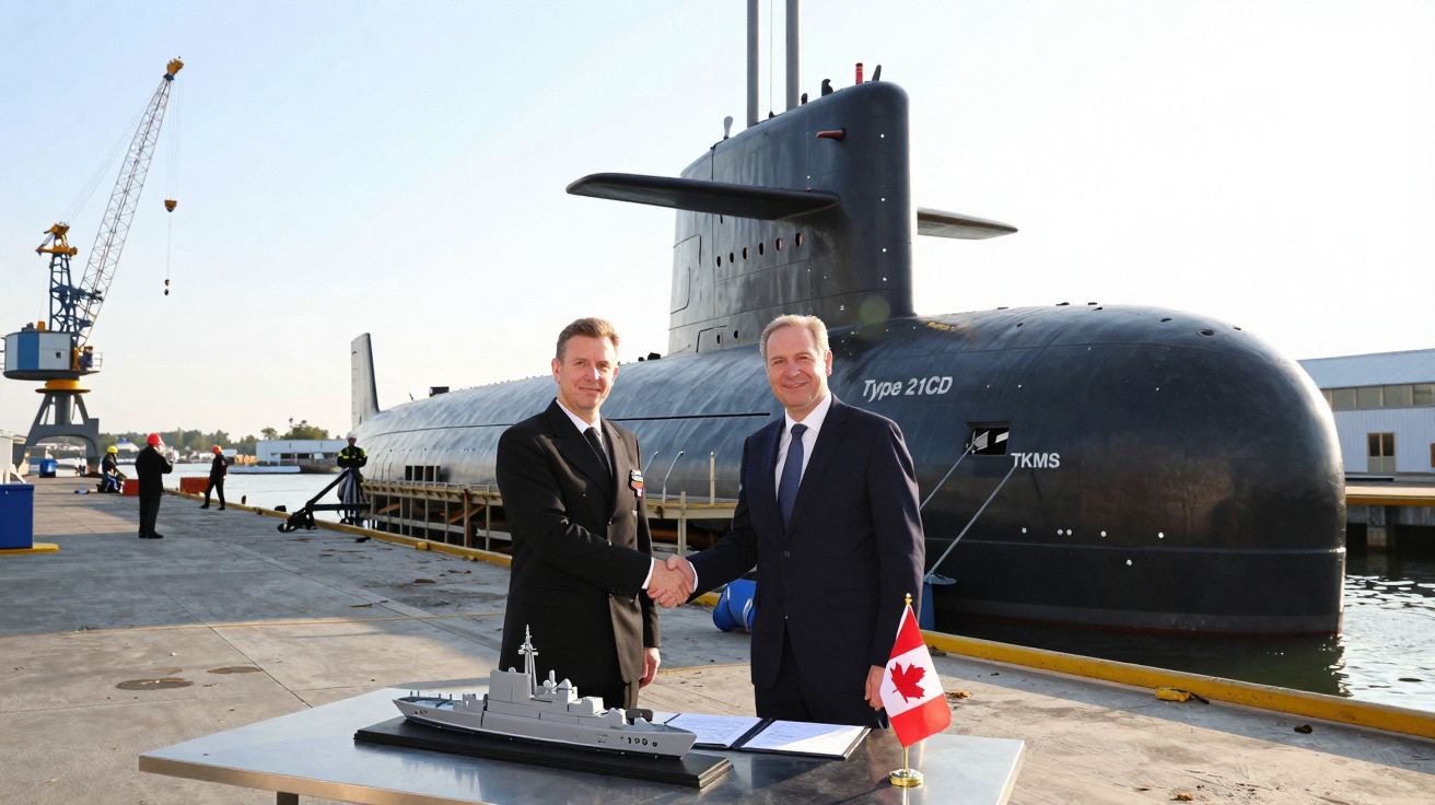 Dois homens apertam as mãos junto a um modelo de navio e um submarino Type 21CD no cais.