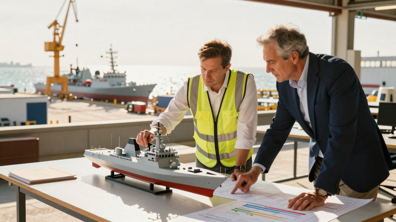 Dois engenheiros examinam maquete de navio e planos num estaleiro naval ao luar.