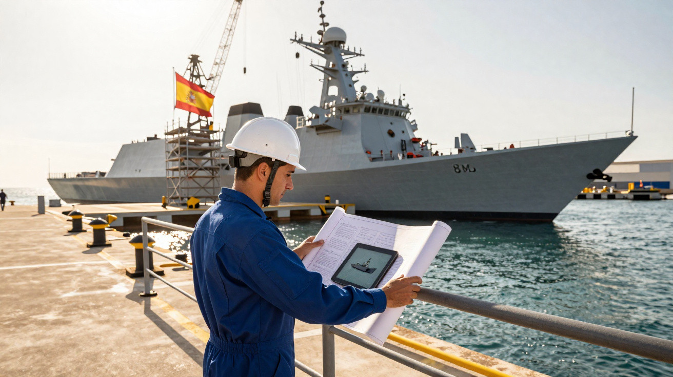 Engenheiro naval com capacete a analisar plantas e modelo digital de navio militar atracado no porto.