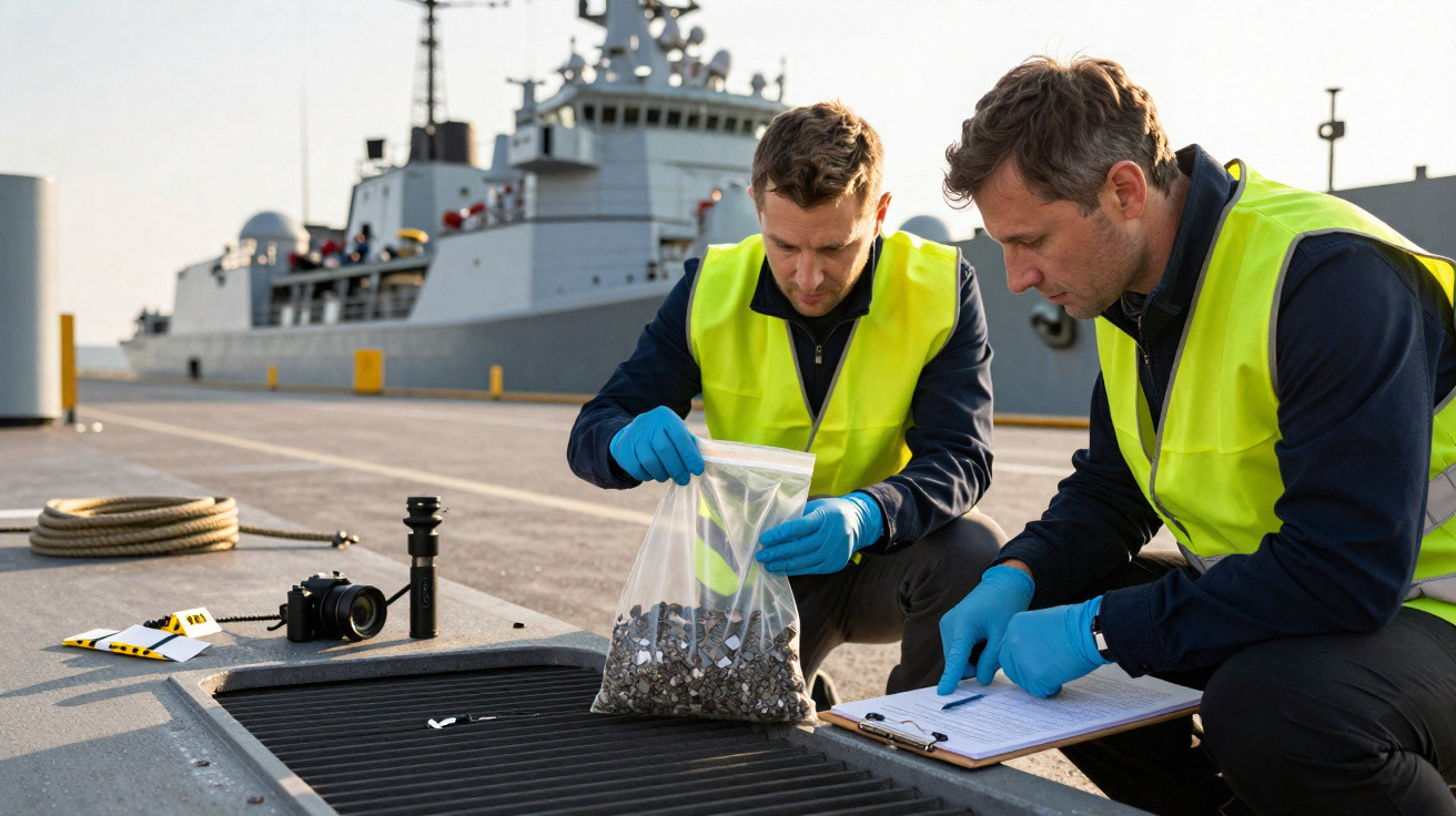 Dois trabalhadores com coletes amarelos recolhem amostras junto a um porto naval com um navio ao fundo.