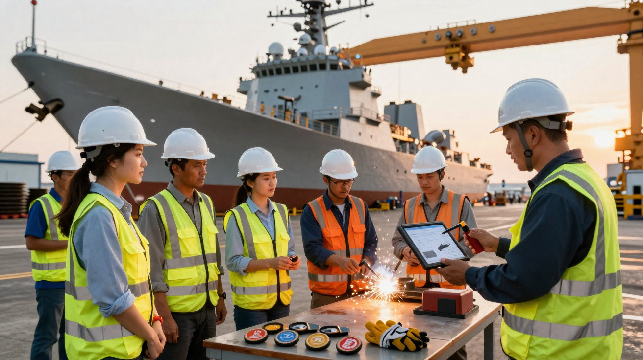 Trabalhadores com capacetes e coletes refletores reunidos perto de uma mesa no cais com navio militar ao fundo.