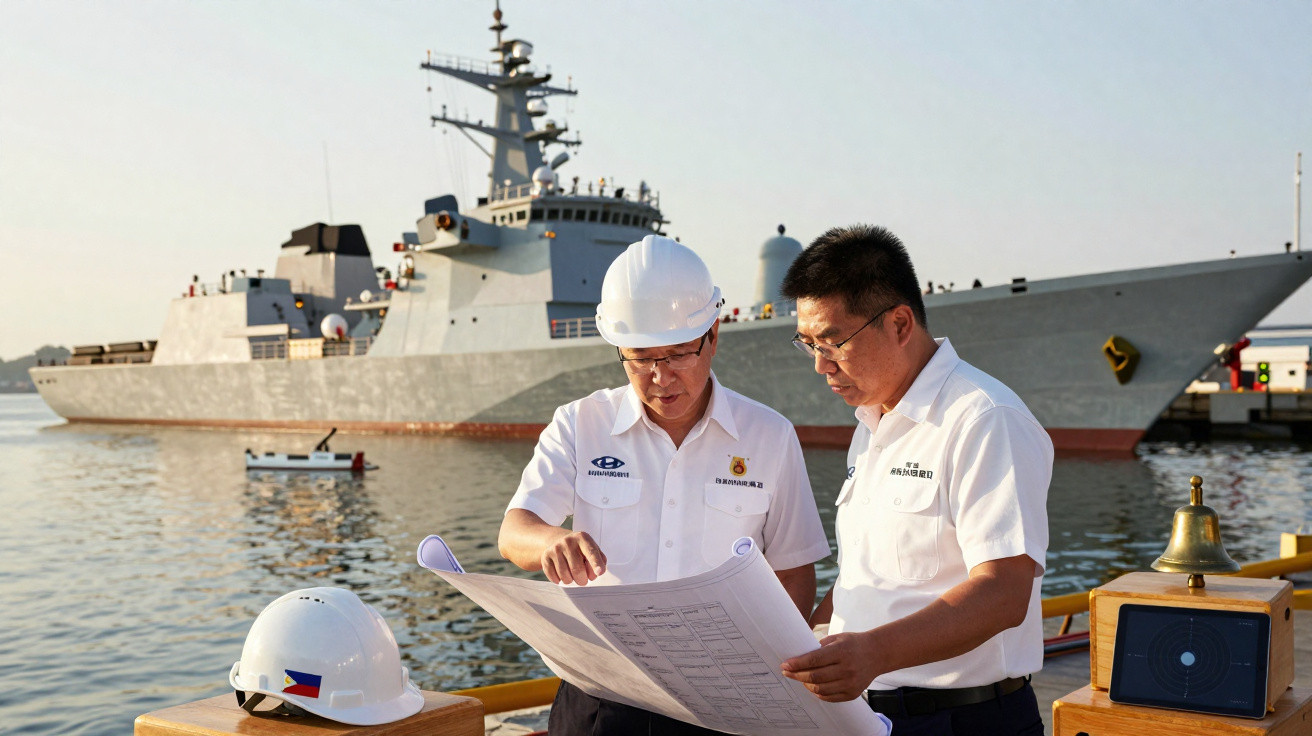 Dois homens em coletes brancos e capacetes de segurança analisam plantas junto a um navio militar atracado.