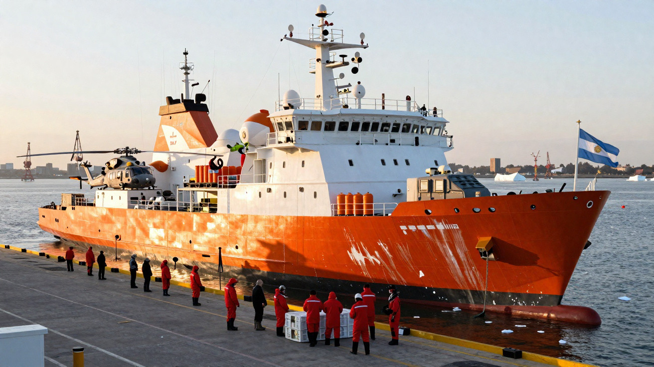 Navio de pesquisa laranja atracado com tripulação vestida de vermelho em cais ao pôr do sol.