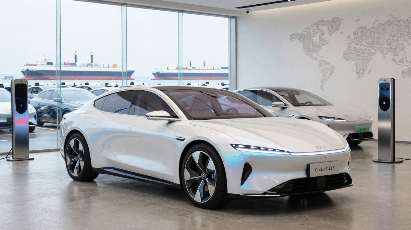 Carro elétrico branco moderno estacionado numa sala com janelas grandes e postos de carregamento.