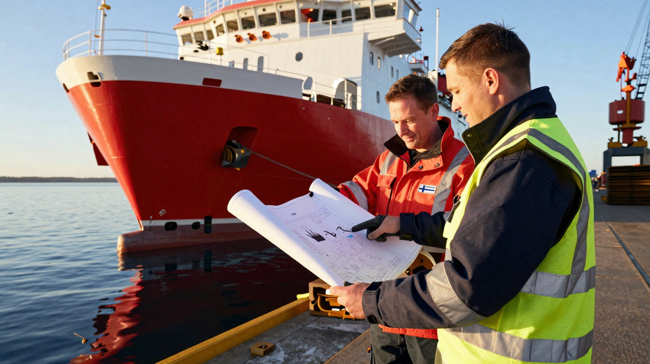 Dois trabalhadores com coletes de segurança analisam plantas junto a um grande navio vermelho atracado no porto.