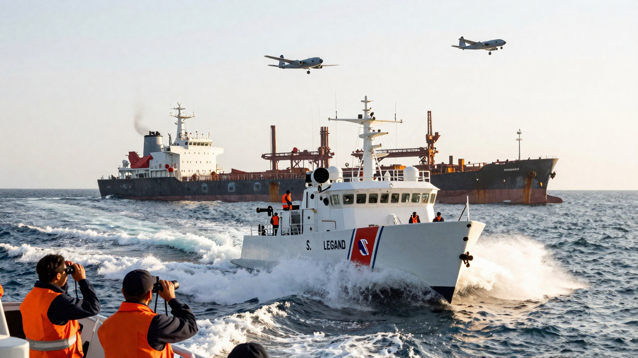 Embarcação da guarda costeira em alto mar perto de navio de carga com dois aviões a voar no céu.