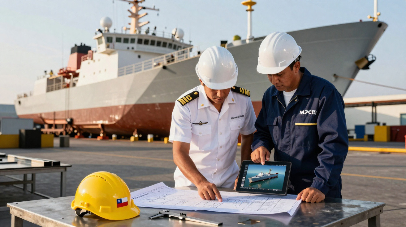 Dois homens com capacetes a analisar plantas e imagem digital de um navio em doca seca.