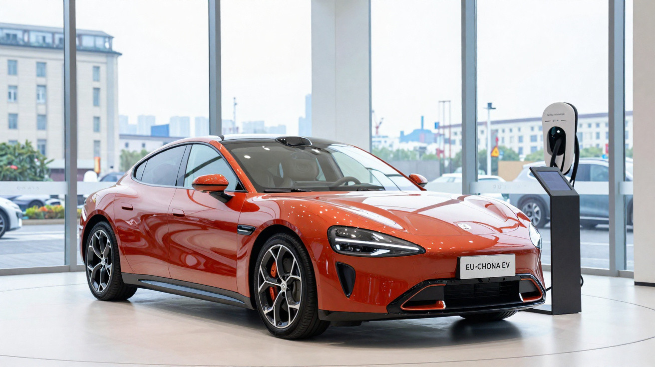 Carro elétrico desportivo vermelho em exposição numa sala com um posto de carregamento ao lado.