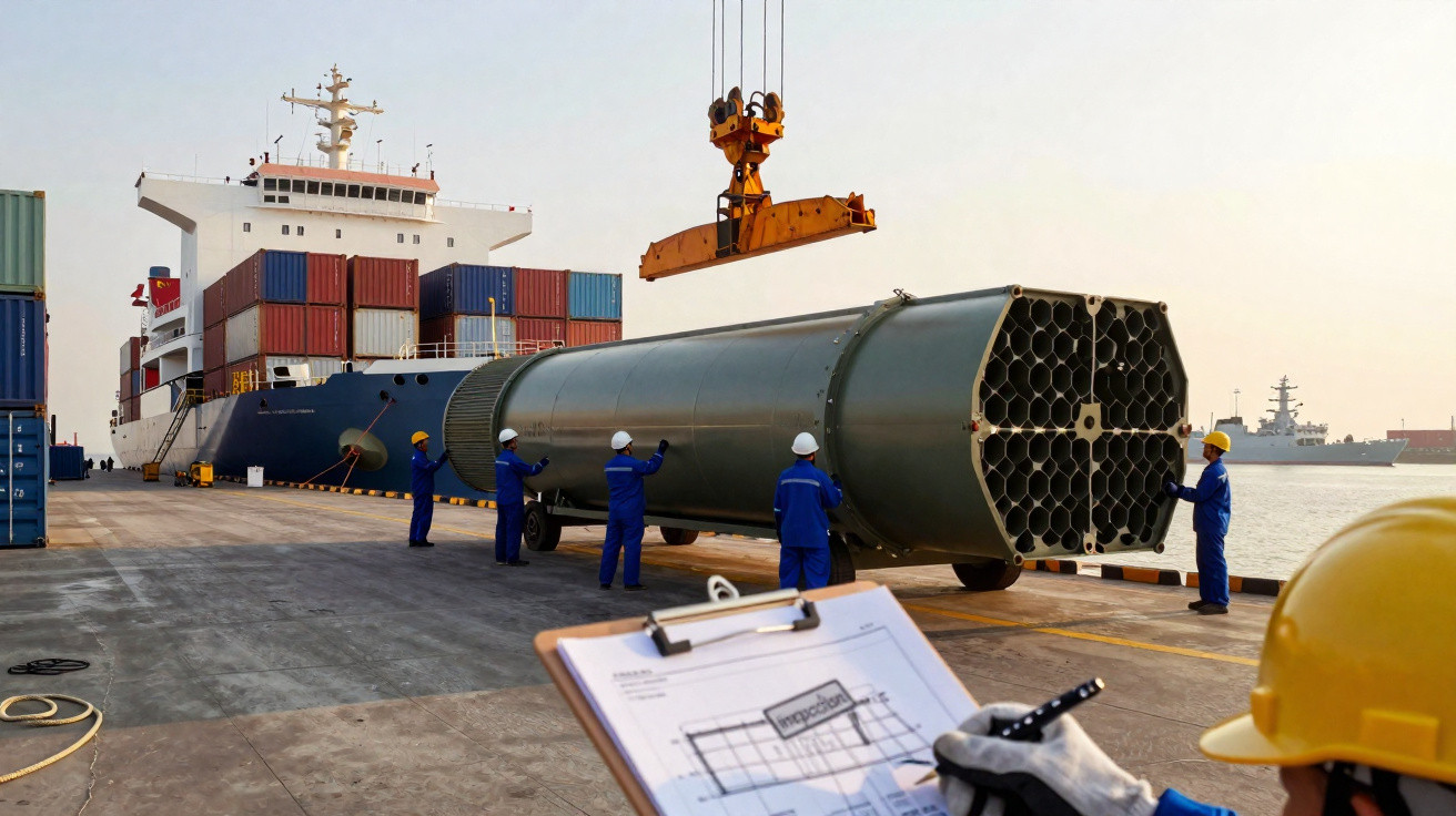 Trabalhadores portuários em fato azul manuseiam carga cilindrica enquanto inspeção é feita com navio e guindaste ao fundo.