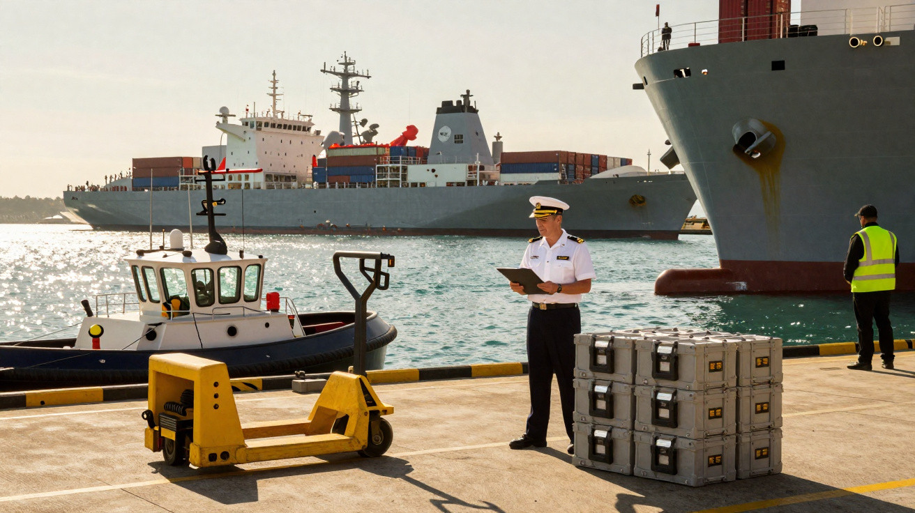 Marinheiro com tablet e trabalhador perto de caixas no cais com navios cargueiros ao fundo.