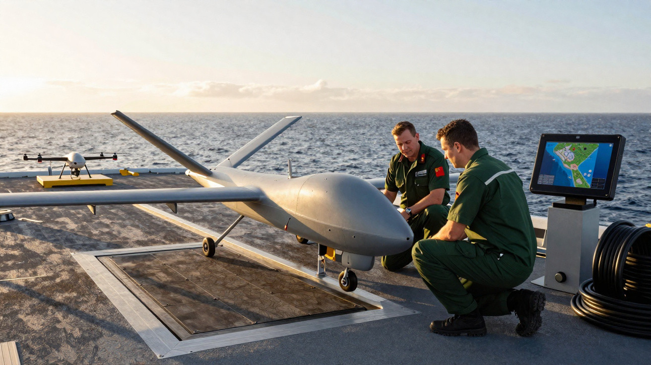 Dois militares em uniforme verde preparam drone grande sobre convés de navio, com mar ao fundo e ecrã de controlo à direita.