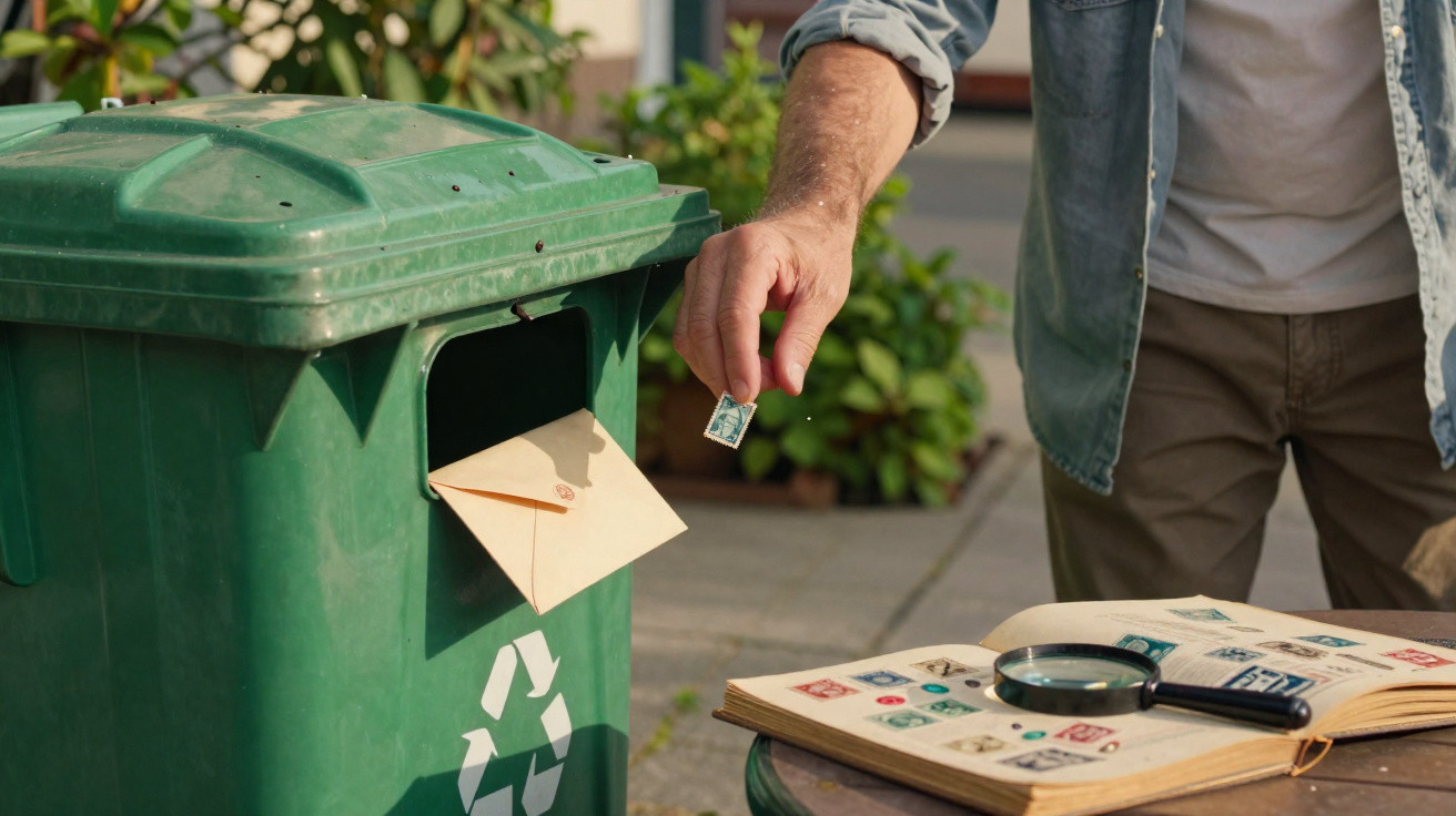Pessoa a remover um selo de uma carta para reciclagem junto a um contentor verde.