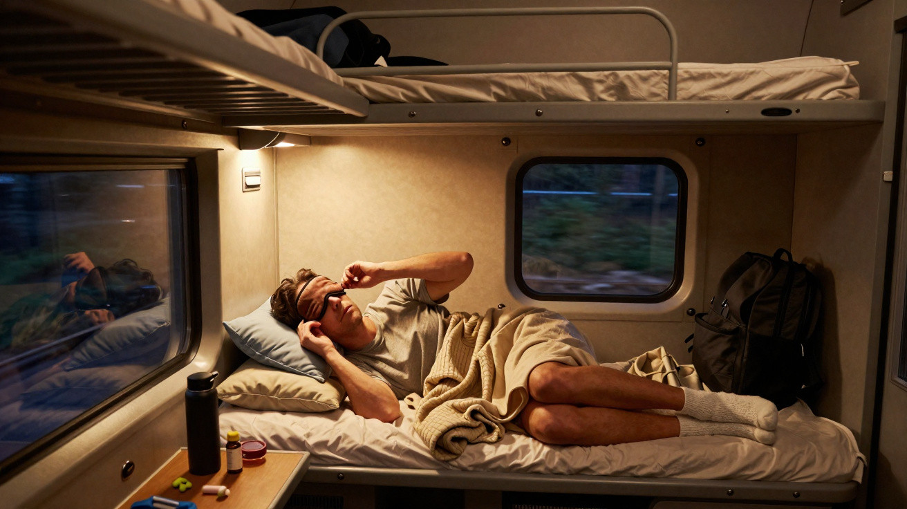 Homem deitado numa cama em compartimento de comboio, com janela e luz ambiente suave.