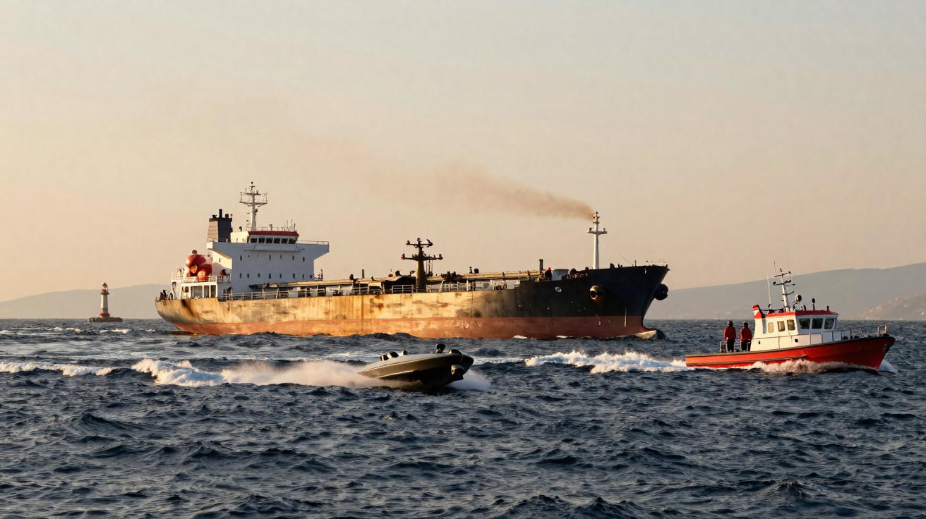 Navio mercante com duas embarcações pequenas a circular em mar agitado ao pôr do sol.