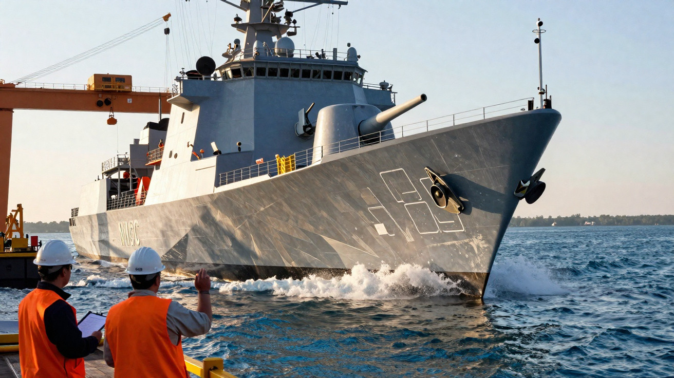 Navio militar cinzento a aproximar-se do cais com duas pessoas de colete e capacete a observar.