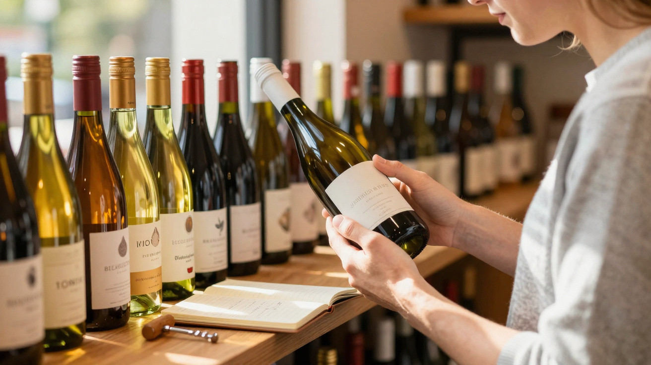 Pessoa a examinar garrafa de vinho numa loja com várias garrafas alinhadas numa prateleira de madeira.