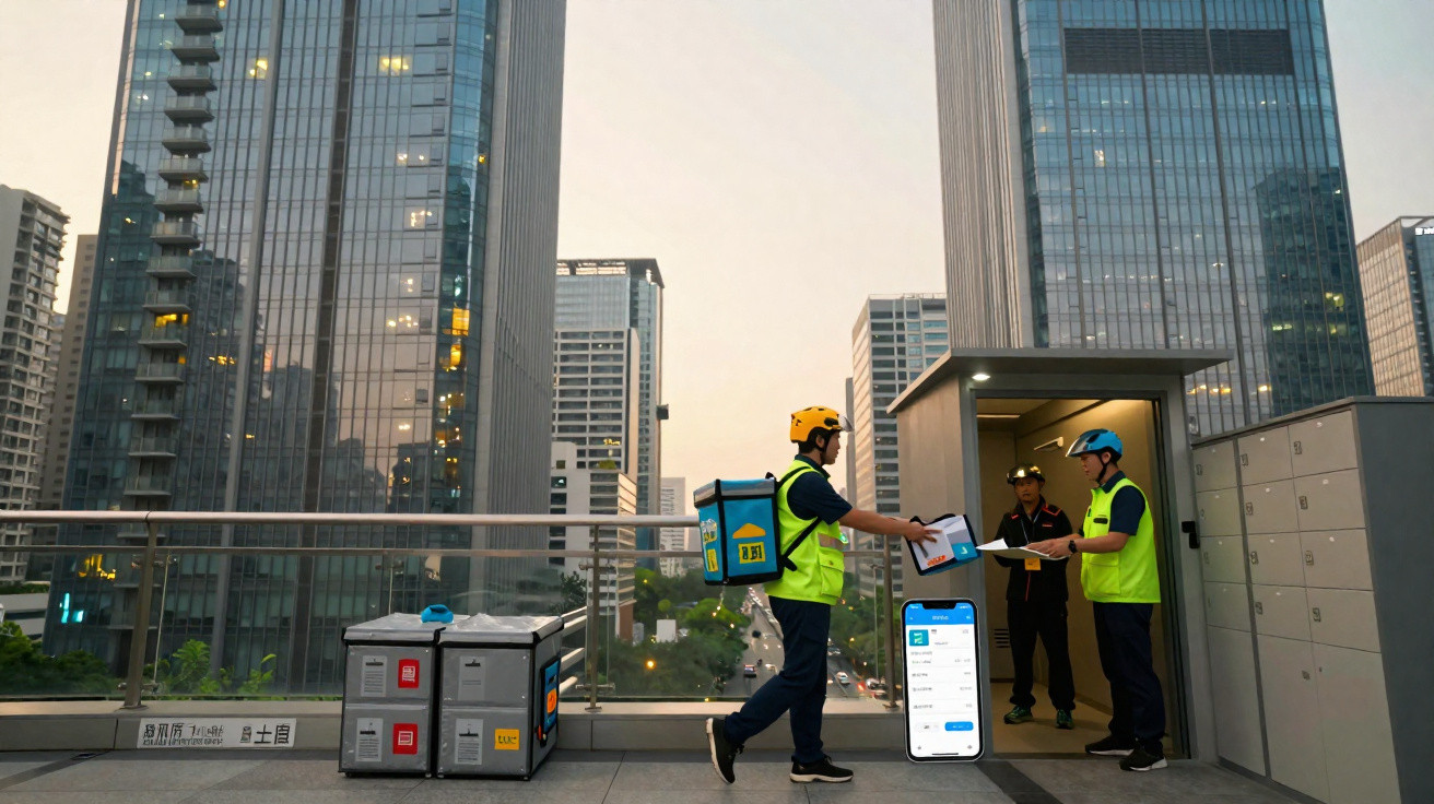 Dois entregadores com coletes e capacetes trocando encomendas em edifício moderno, com cidade ao fundo.