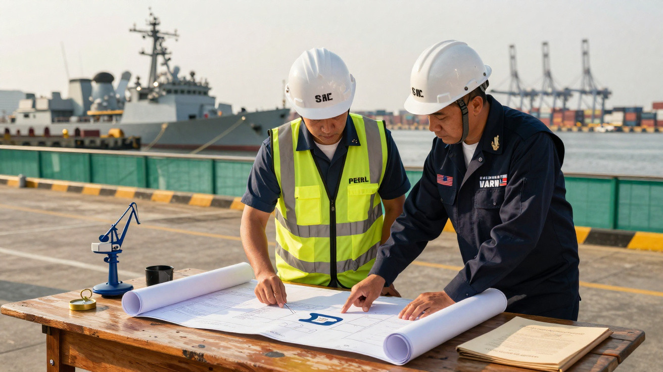 Dois homens com capacetes e coletes verificam plantas numa doca com navios ao fundo.