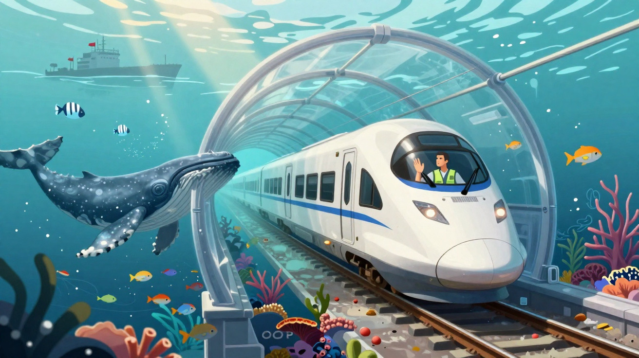 Comboio de alta velocidade a passar por um túnel subaquático com baleia e peixes coloridos à volta.