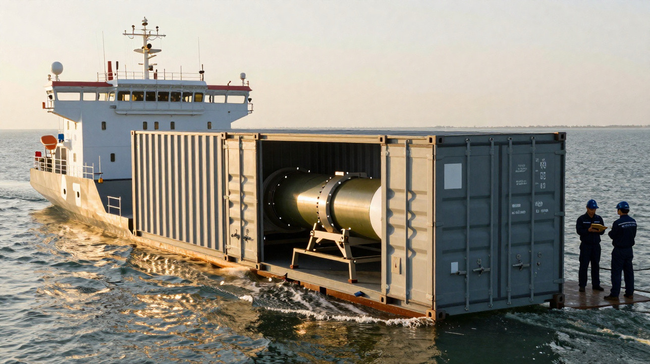 Navio transporta contentor aberto com equipamento tecnológico cilíndrico e dois homens de capacete no convés.