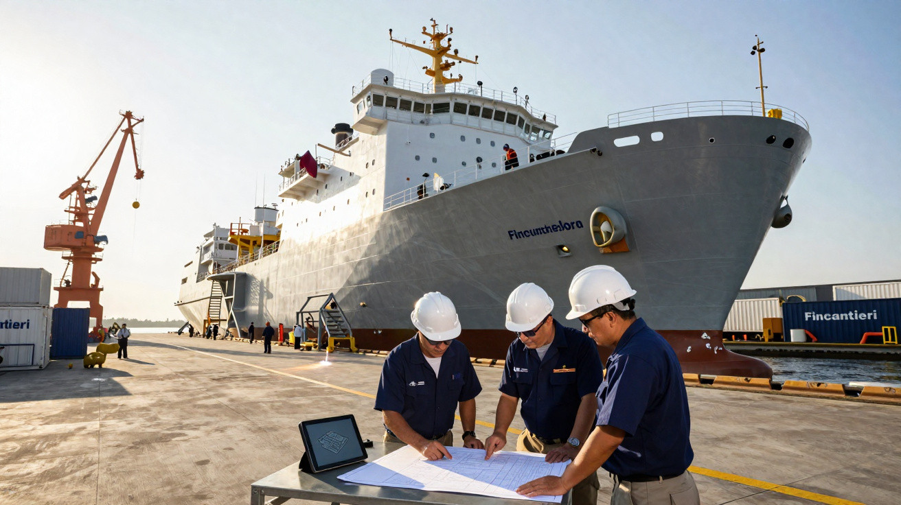 Três trabalhadores com capacetes brancos analisam plantas junto a um grande navio cinzento no porto.