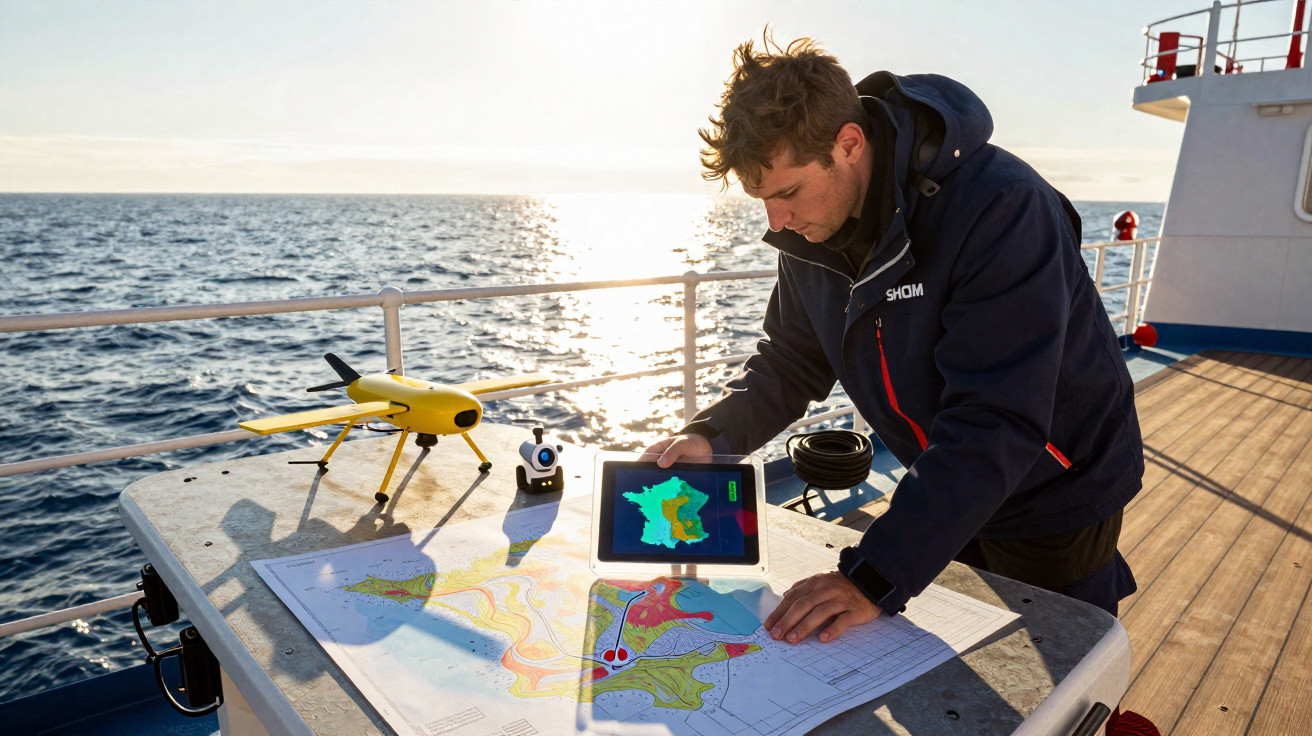 Homem a analisar mapas marítimos e dados digitais a bordo de um navio ao pôr do sol.