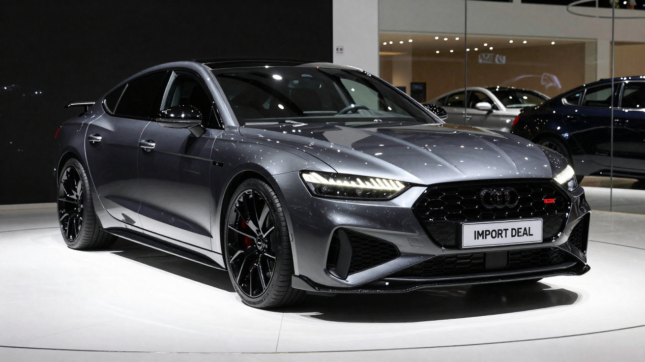 Carro desportivo cinzento metalizado Audi RS à venda em showroom com iluminação intensa.